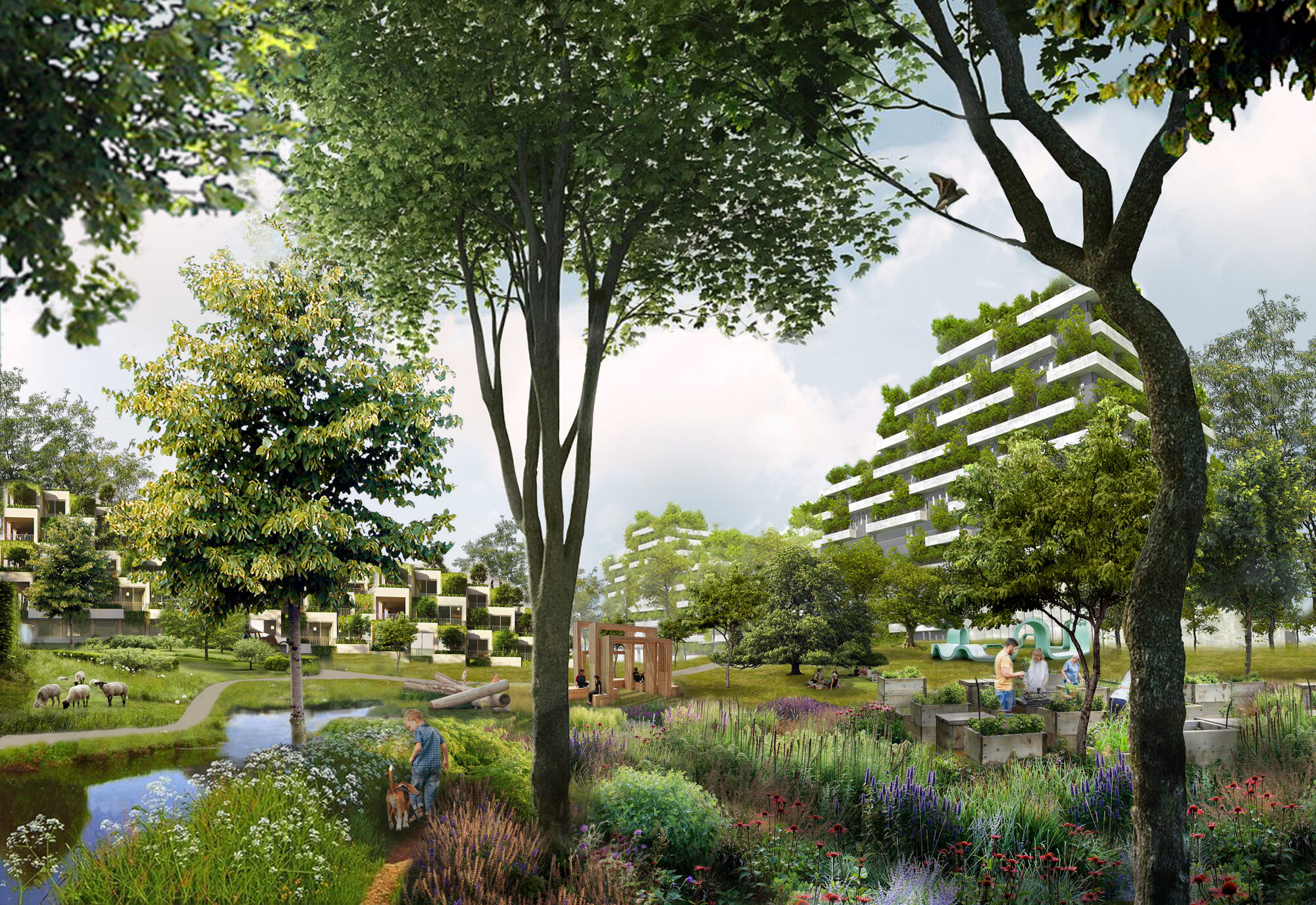 Orchid City artist impression: stepped, planted terraced buildings above a meadow and stream