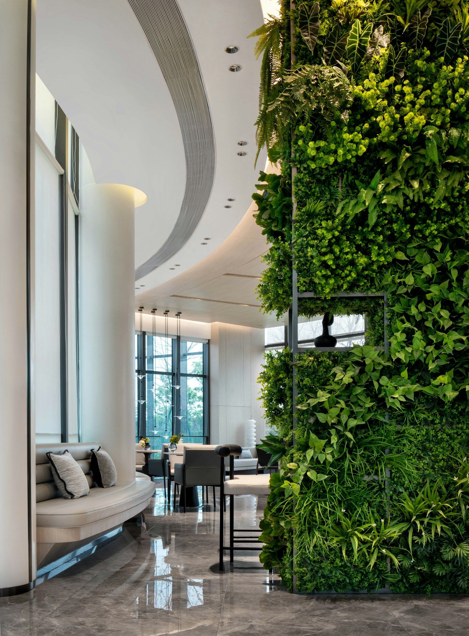 Biophilic interior with a living green wall