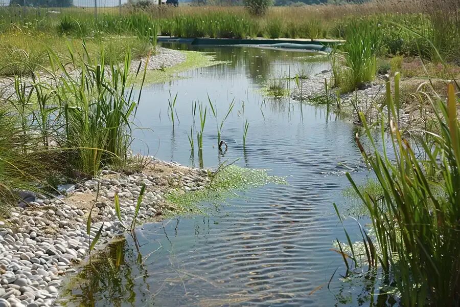 Natural swimming pond filtered by reeds