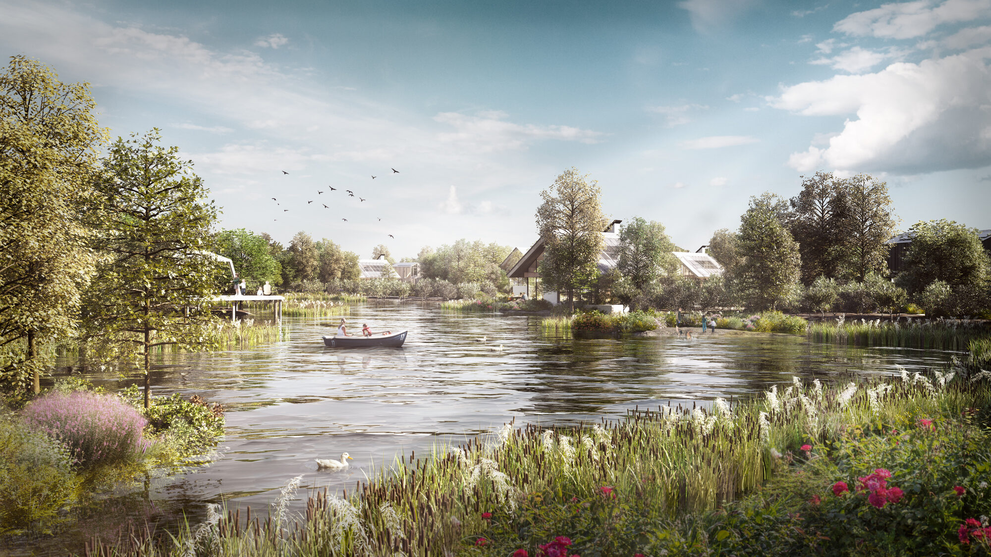 ReGen Villages render across a reed-fringed pond